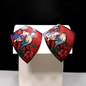 Vintage Cloisonne Bird Shield Shaped Red Clip on Earrings, 1 3/8 Inches